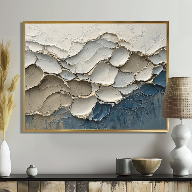 «Abstract Collages Coastal Waves Flow I», art mural abstrait, H 12 po x l 20 po, Cadre flottant, Doré