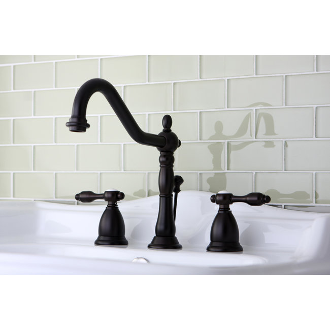 Kingston Brass Tudor Two-Handle 3-Hole Deck Mount Widespread Bathroom Faucet with Brass Pop-Up Drain, Oil Rubbed Bronze