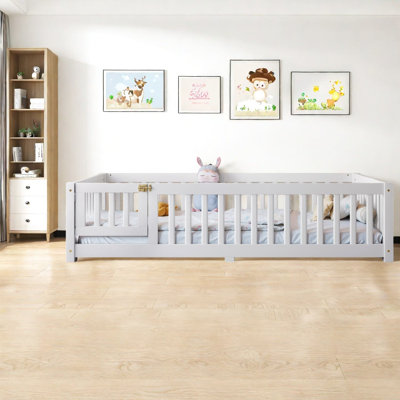 Safe Kids Floor Beds, Twin Wood Frame, Modern White Guardrails For Home