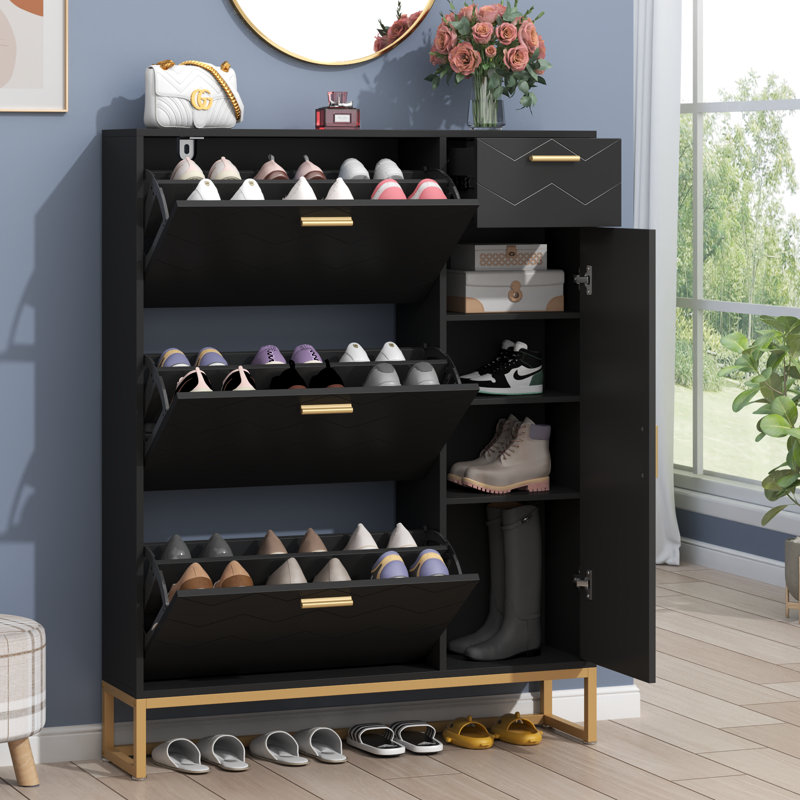 Black Modern MDF Shoe Storage Cabinet with Gold Handles