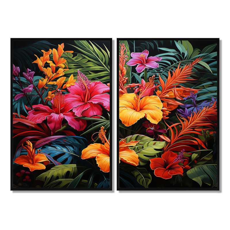 «Colorful Jungle Plants Dream - Large Jungle», art mural 2 pièces, Black, 36" H x 48" W, Impression encadrée flottante