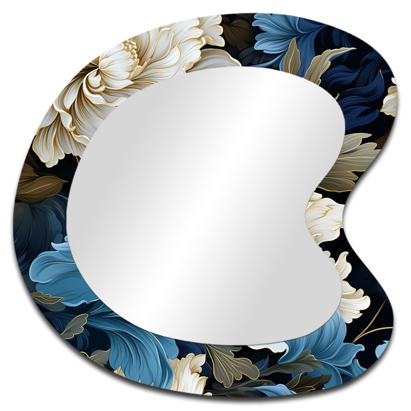 Astral Blue White Damask Radiance I - Miroir mural décoratif damassé bohémien, 27 po x 27 po