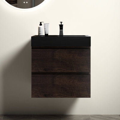 Meuble-lavabo 24 po - Finition noyer, grand rangement, lavabo, tiroirs silencieux, décor moderne, noyer noir, fixation murale, capacité, tiroir