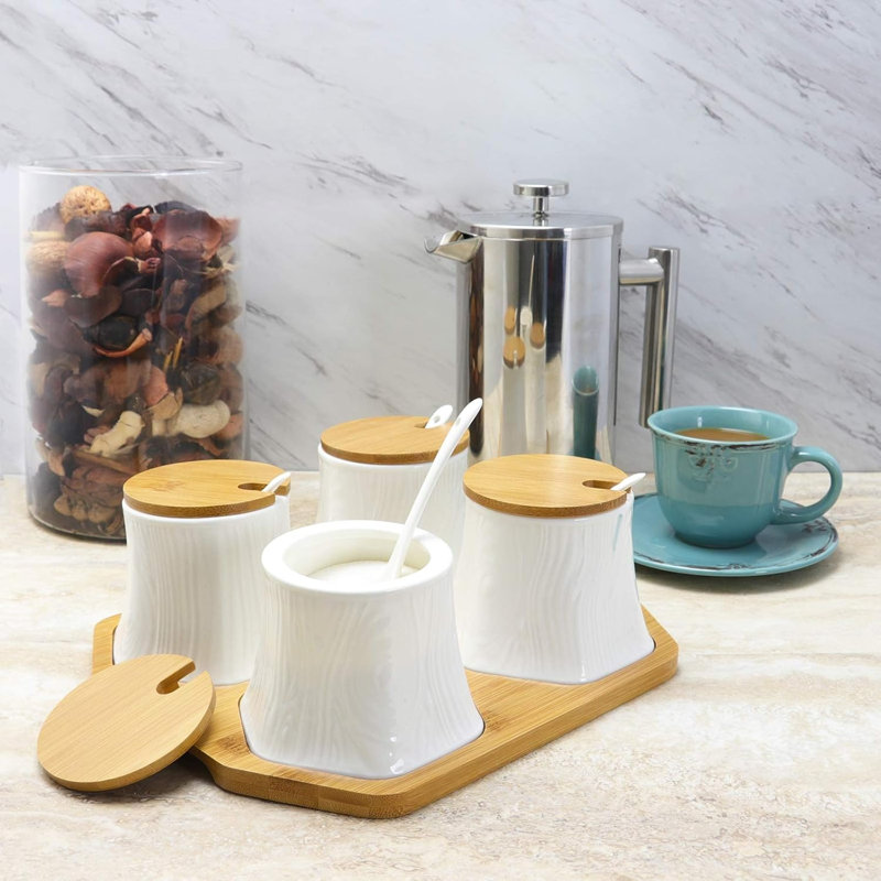Ceramic Spice, Jam and Salsa Jars with Bamboo Lids & Serving Spoons
