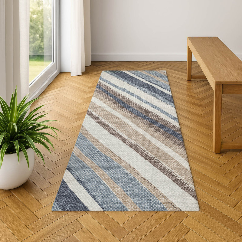 Premium Machine Washable Mayfield AMF2282 Striped Rug, Denim, 2'3" x 7'6" Runner