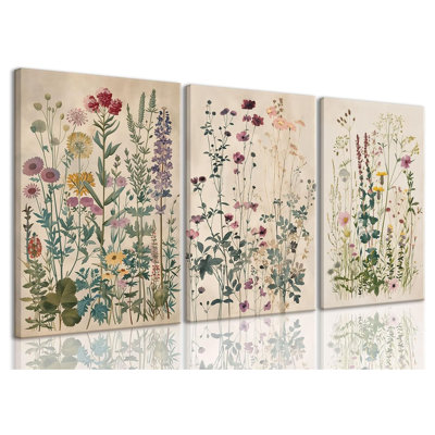 3 Piece Canvas Wall Art Wildflower Wall Decor Botanical Pictures Floral Paintings Vintage Prints Watercolor Artwork For Bedroom Living Room