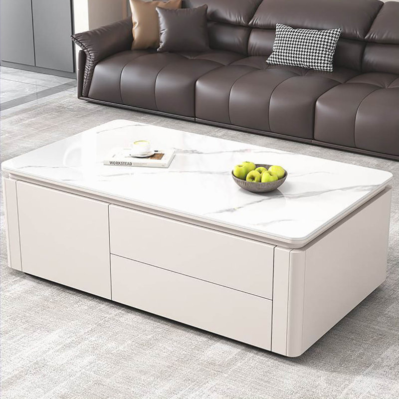 Modern simple rock plate coffee table, White, 19.7" H x 47.2" L x 25.6" W