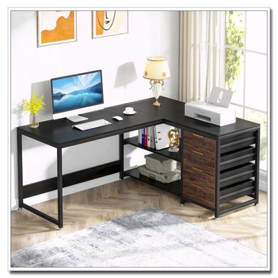 Bureau d'ordinateur en L avec tablettes et tablettes de rangement réversibles