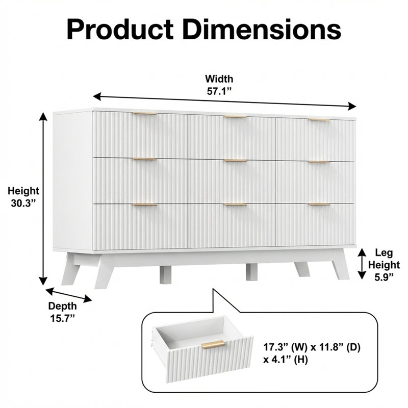 Mid-Century Modern 9-Drawer Fluted Dresser, White