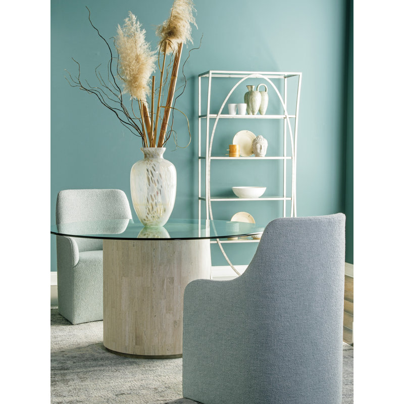 Beige Travertine and Glass Round Dining Table, 60 inch
