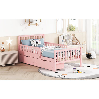 Pink Twin Wood Platform Bed With Guardrails And Compact Storage Finish, Guardrails, Two Drawers