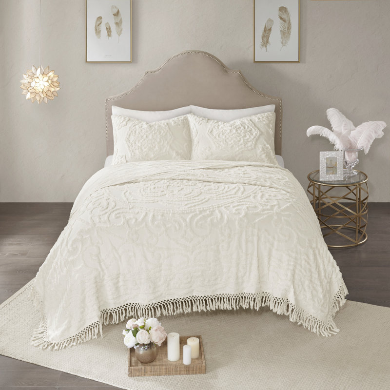 Ensemble de couvre-lit en chenille de coton touffeté à franges et motif médaillon Laetitia, Blanc cassé