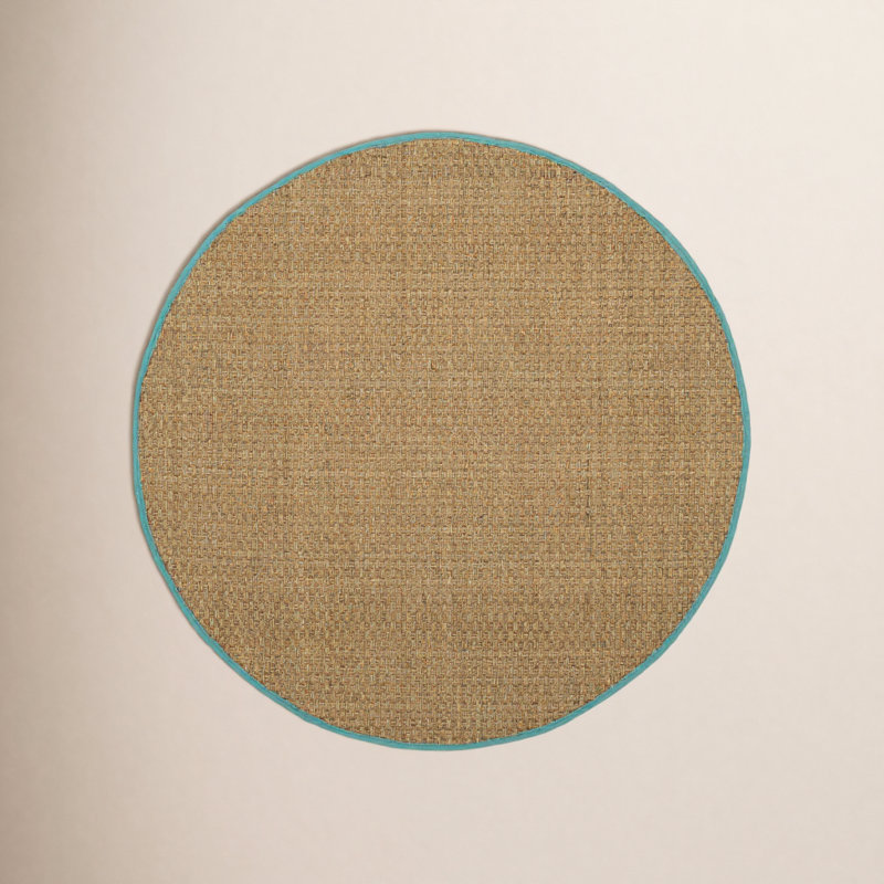 Oxnard Auckland Bamboo Slat/Seagrass Natural/Teal Area Rug, Round 6'