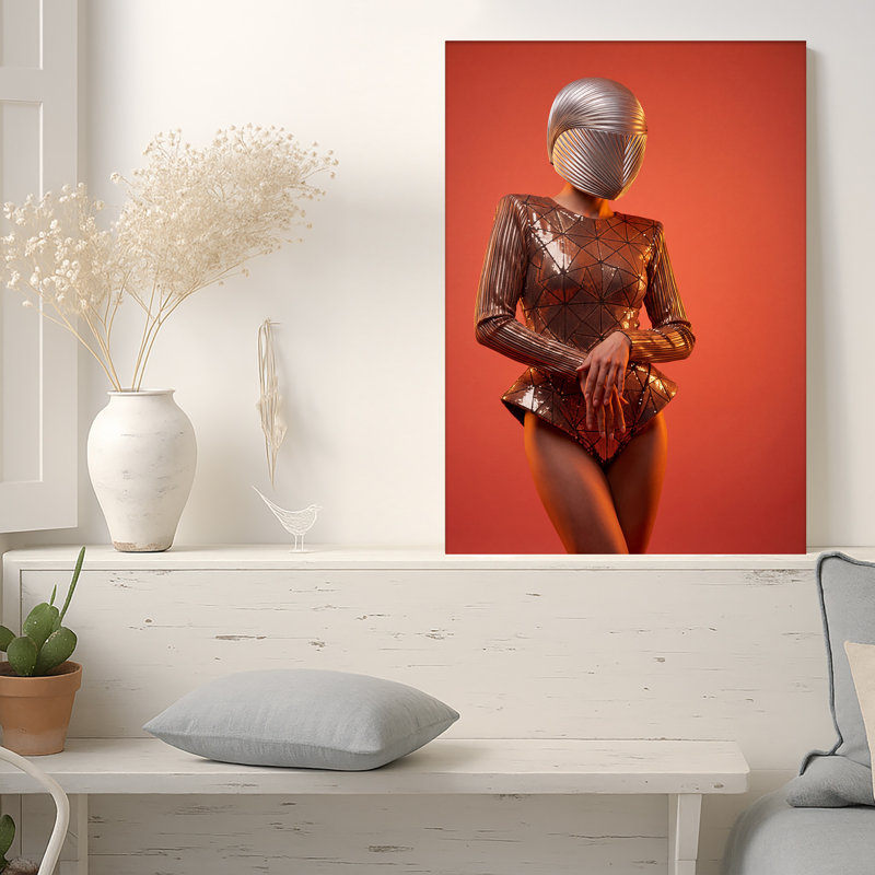 Art mural, modèle argenté en costume géométrique sur toile orange, 36"H x 24"W