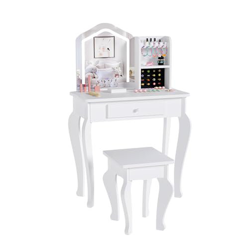 Kids Vanity with Lighted Mirror, Toddler Vanity Table and Chair Set, Girls Makeup Playset, White