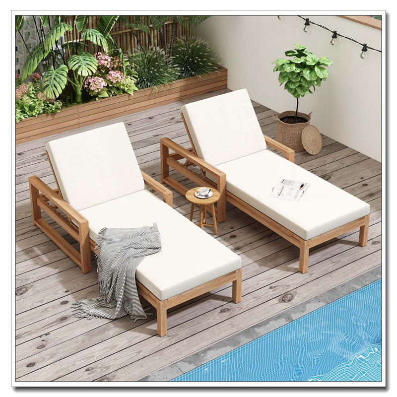 Set of 2 5-Position Adjustable Chaise Lounge Chairs with Acacia Wood Frame and Cushions, Light Teak