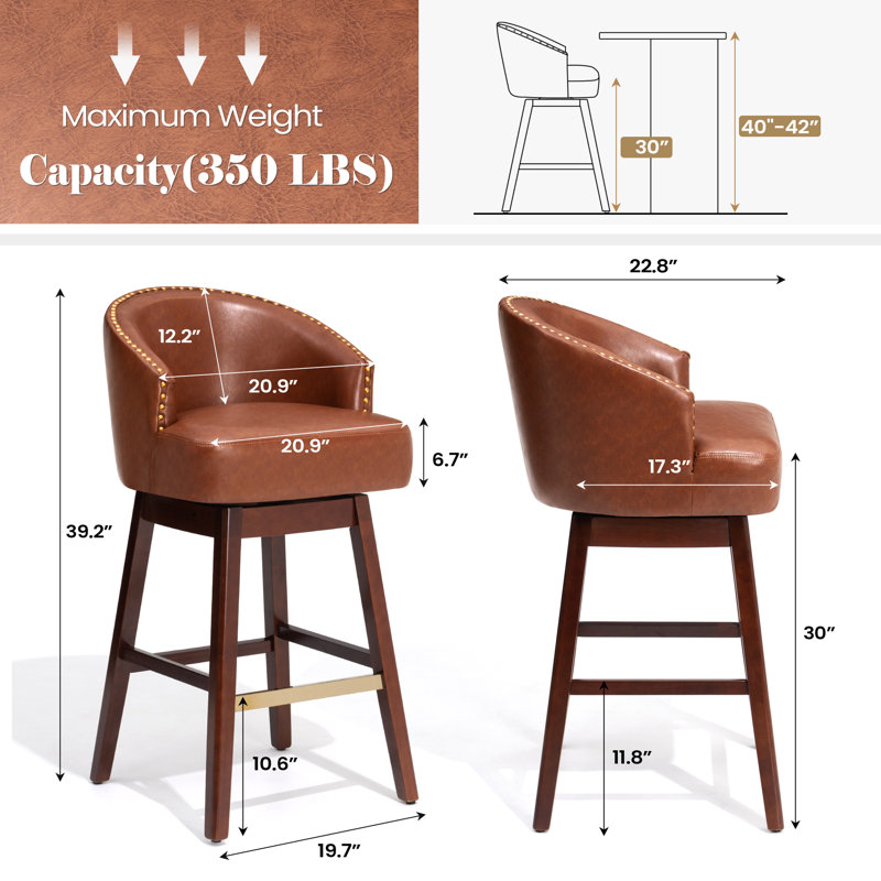 Tabouret de bar pivotant en similicuir de 30 po avec pieds en bois massif, brun, Brun-roux