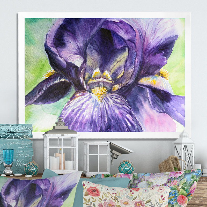 Aquarelle Iris fleur mauve - reproduction d'art sur toile, Cadre blanc, H 12 po x l 20 po x P 1 po