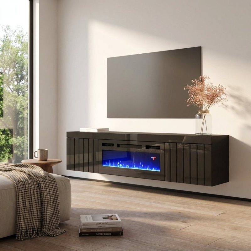 Meuble télé flottant avec foyer électrique 70,9 po, finition brillante, fixation murale, Noir