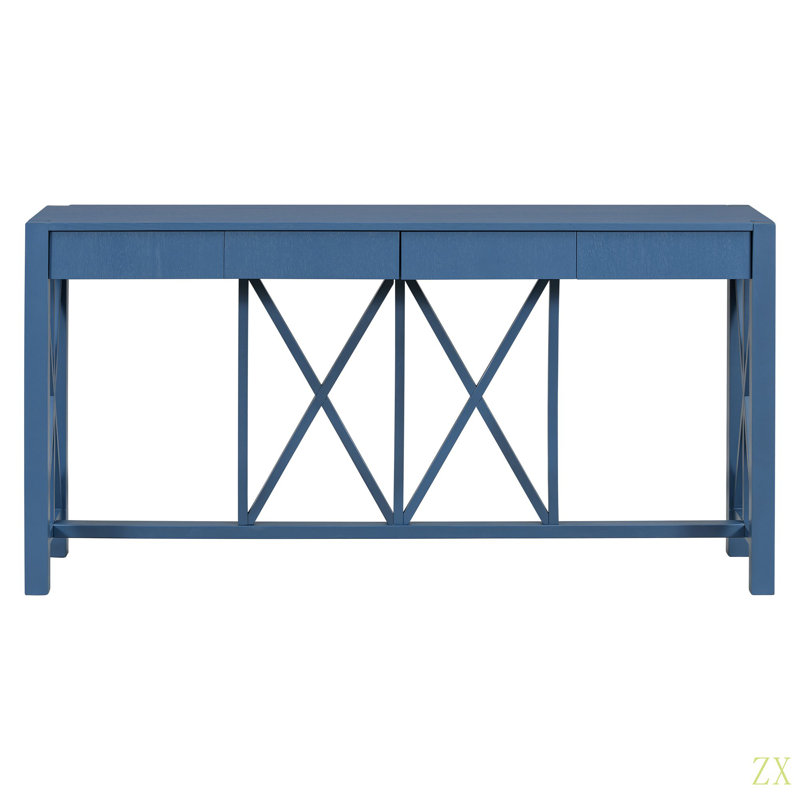 60''Acacia Veneer Console Table With 4 Spacious Drawers, Modern Crisscross Design Entryway Table With Open Bottom Storage,Farmhouse Sofa Table For Living Room,Kitchen,Dining Room,Hallway