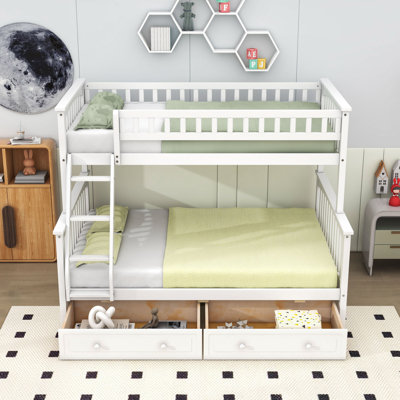 Twin Over Full Wooden Bunk Bed With Guardrails, Drawers And Convertible Design