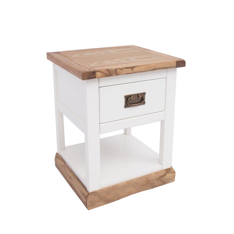 Traylor 45cm W Solid + Manufactured Wood Bedside Table, White/Walnut