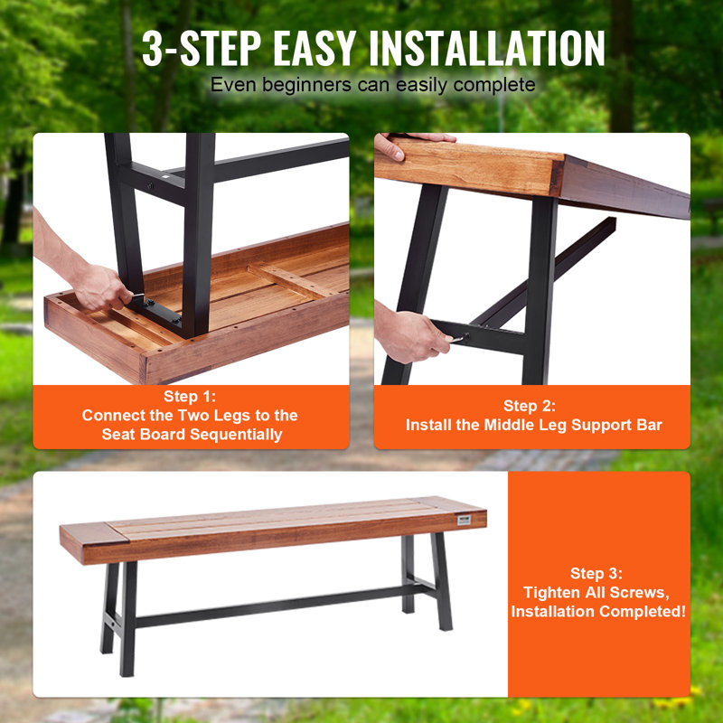 63-Inch Brown Wood and Black Metal Outdoor Bench