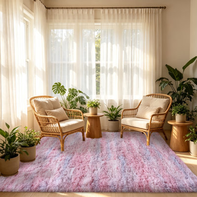 Tapis à poils longs 5x7 pour salon, lavable, motif abstrait rose
