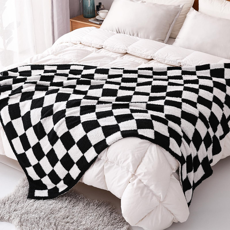 Ultra Soft Black and White Checkered Fleece Throw Blanket