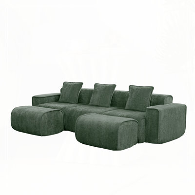 3 Seat U Shape Sectional Boneless Sofa with French Edge Piping, No Assembly Required,3-Seat Sofa Couch with Throw Pillows and 2 Movable Ottomans