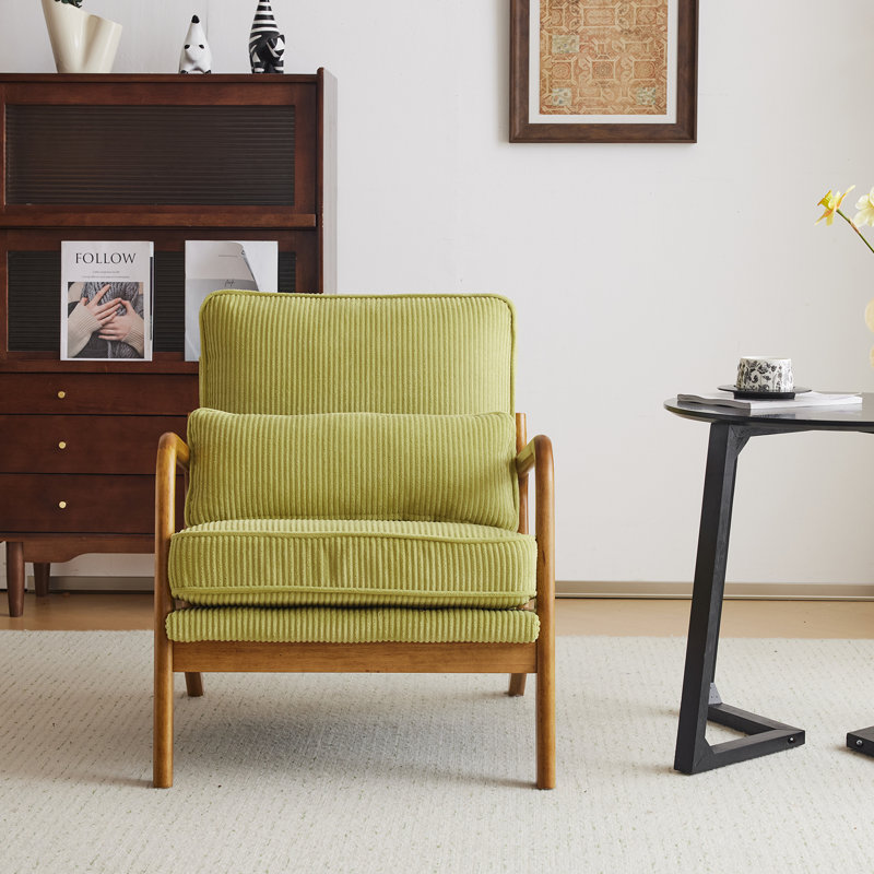 Lemley Mid Century Solid Wood Accent Chair Upholstered Armchair with an Extra Pillow, Green Corduroy