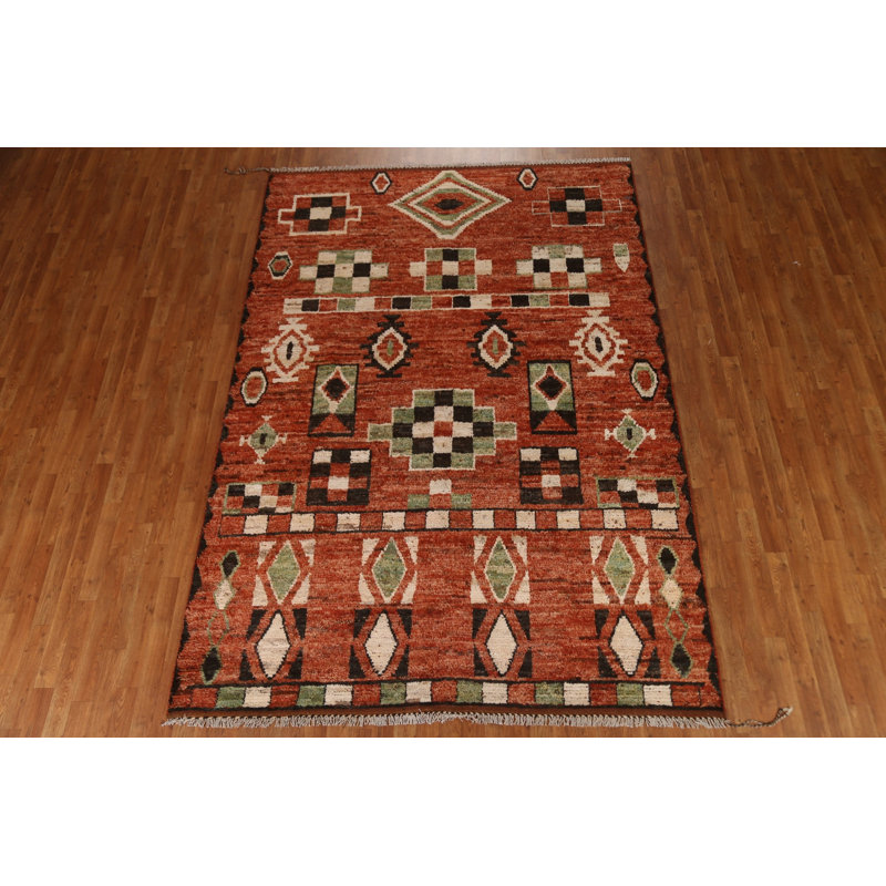 Tapis rouille en laine noué à la main de conception unique 6 pi 8 po x 10 pi New Age