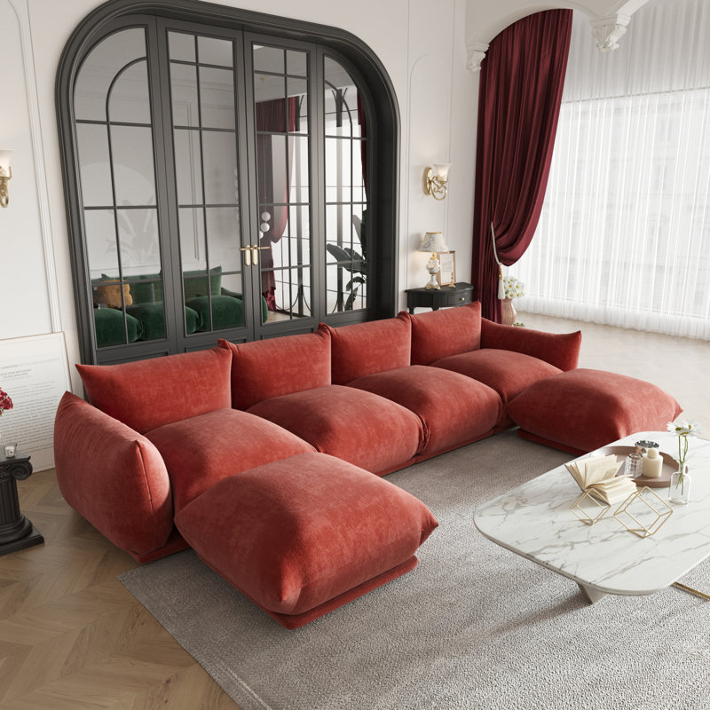 Canapé modulaire rembourré en tissu 4 places avec 2 repose-pieds Cath, Chenille rouge