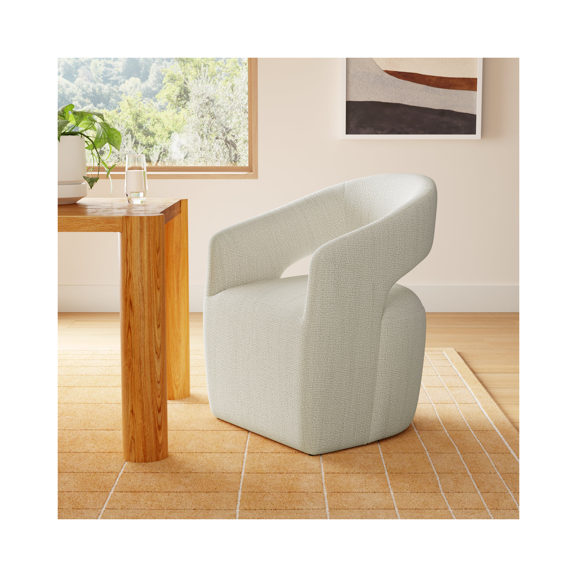 Camino Performance Fabric Rolling Arm Chair, Off White Boucle