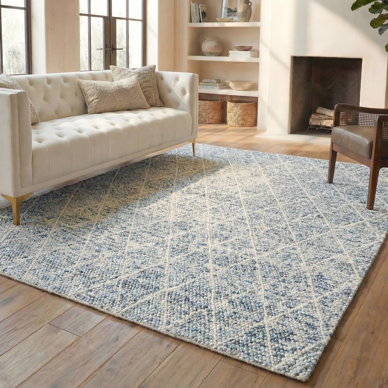 Russo Ivory Blue Hand-Woven Geometric Rug, Rectangle 8' x 10'