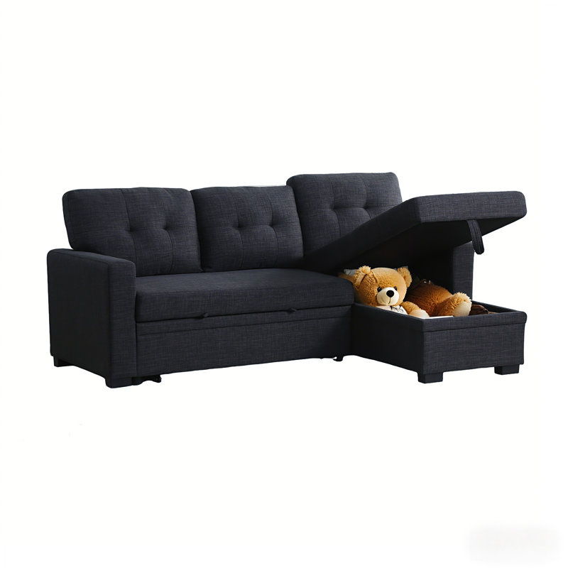 82" Modern Reversible Sleeper Sectional Pull Out Sofa Bed With Storage Chaise, Black