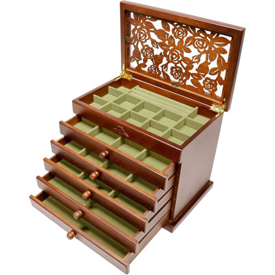 Boîte à bijoux en bois pour femme - Boîte à bijoux en bois véritable avec motifs de feuilles de rose, cadeaux pour la fête des Mères, boîtes à bijoux pour boucles d'oreilles avec rangement, collier à bagues, cadeau idéal pour la journée de la 