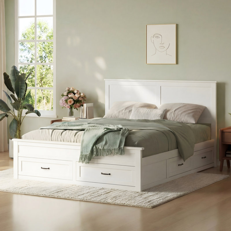 Wood Platform Bed Frame With 6 Drawers, Storage Bed, No Box Spring Needed, White