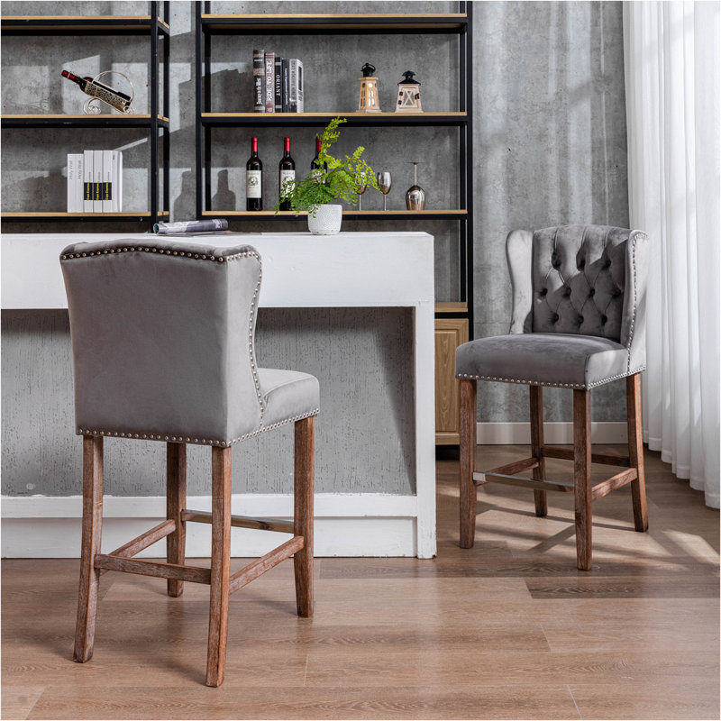 Emily-May Upholstered 27" Seat Height Barstools, Wingback Breakfast Chairs with Nailhead-Trim & Tufted Back, Gray
