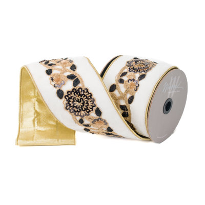 VELOURS BLANC AVEC NOIR FLORAL ET RUBAN DORÉ