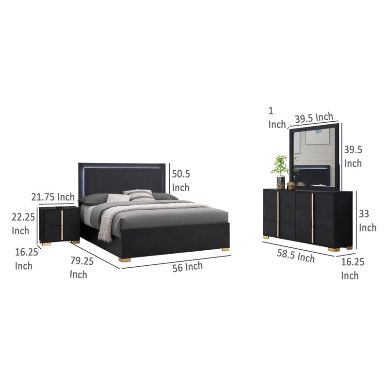 Ensemble de chambre à coucher 4 pièces Dex, détails dorés, tête de lit à DEL, Complète, Noir