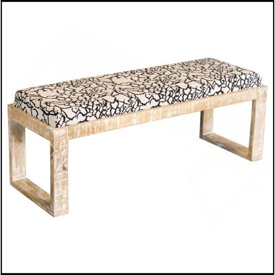 Banc d'appoint blanc avec pieds en traîneau et tissu abstrait doux