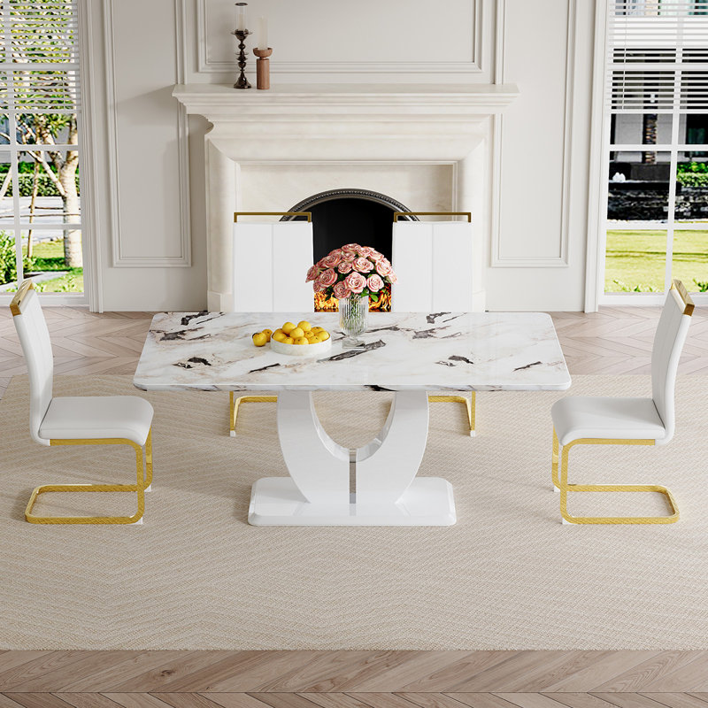 Dining Table Set, White/Gold, 5 pieces, Dalishi