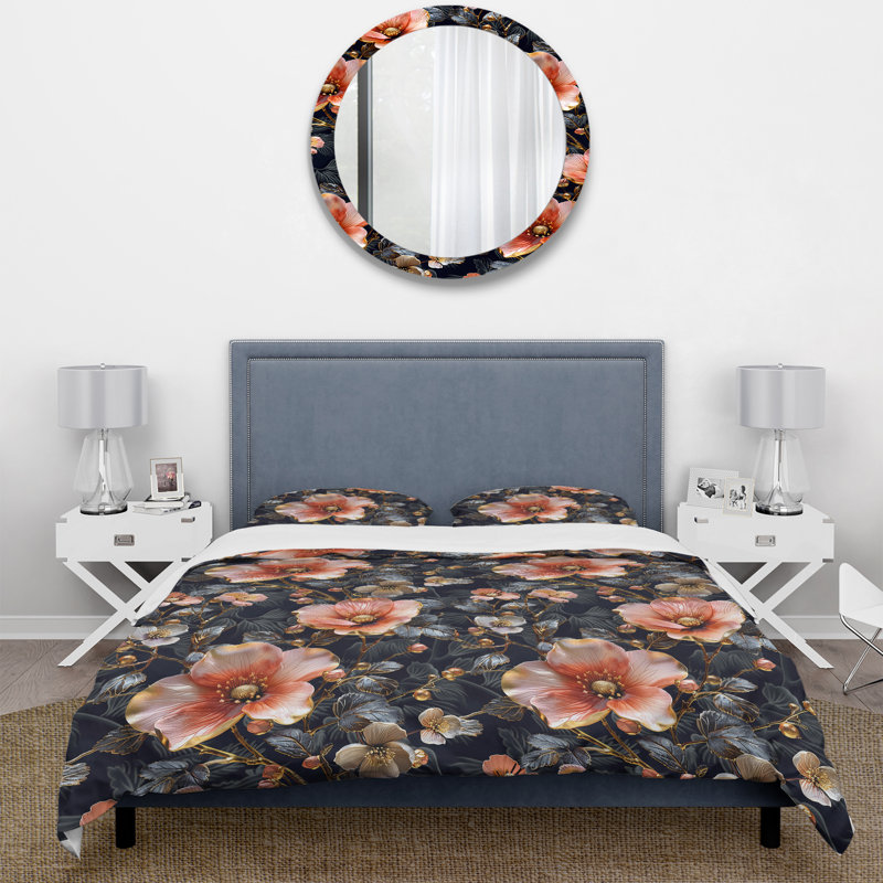 Ensemble de housse de couette rose et noir Boho Floral Meadows II - Boho, Housse de couette pour grand lit + 2 taies décora