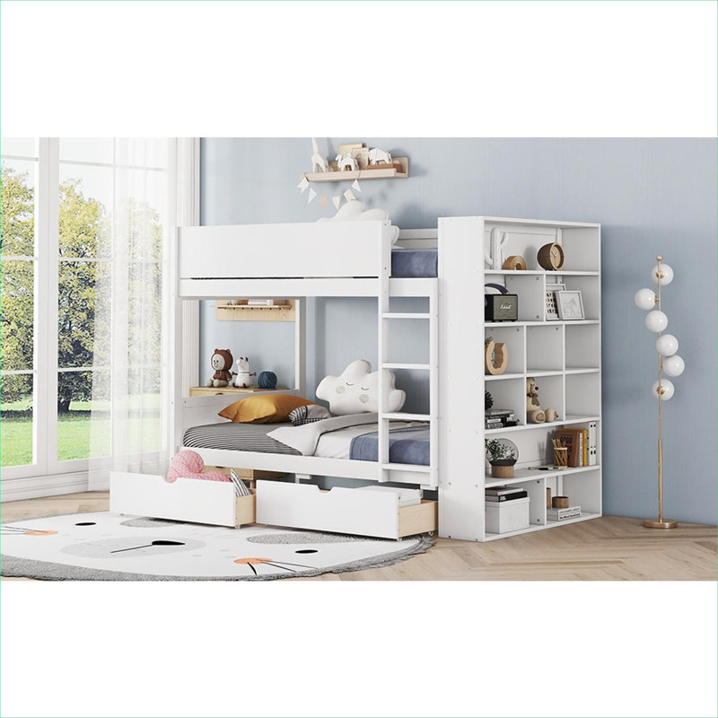 Lit superposé simple au-dessus d'un lit simple en bois massif, rangement intégré avec 2 tiroirs et armoire multicouche, blanc classique