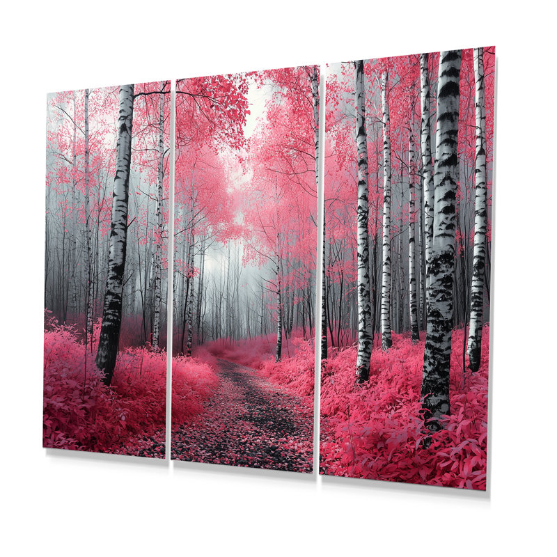 Bouleaux roses, chemin forestier, Panorama I - ensemble de décorations murales forêt, Métal métal, H 40 po x l 60 po x P 1 po