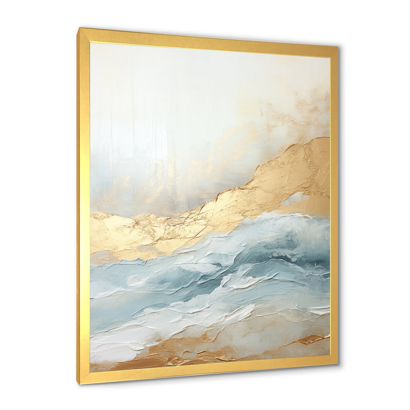 Tempête d'océan beige et or bleu sur toile, Cadre doré simple, H 32 po x l 16 po x P 1 po
