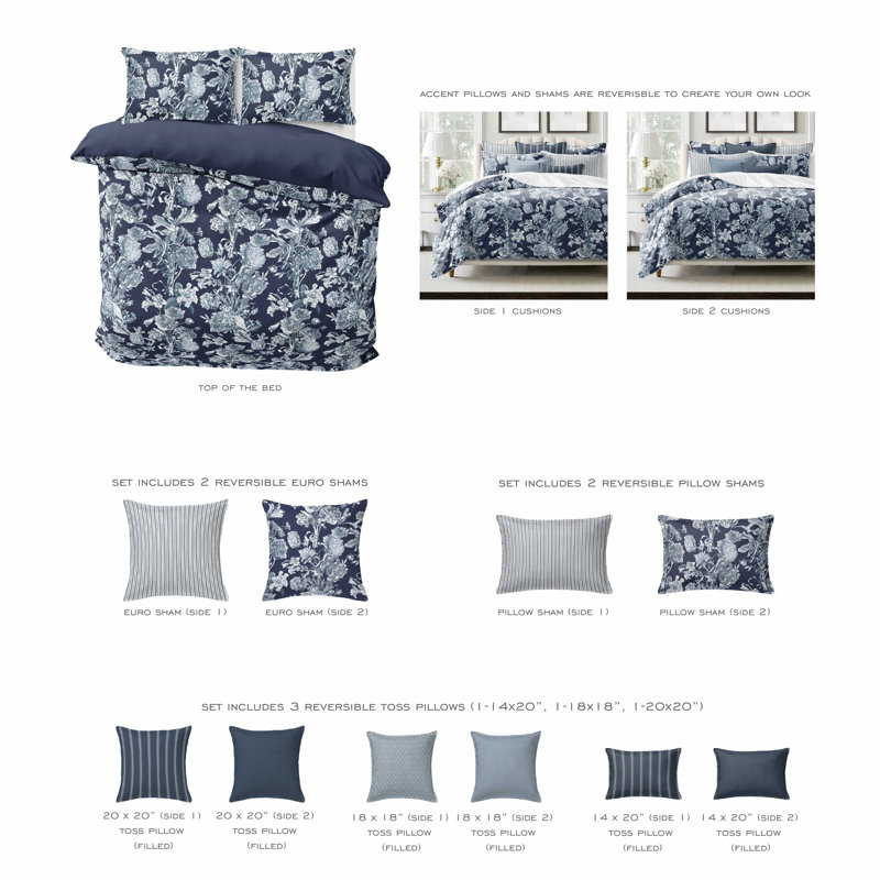 Alexandria Indigo Cotton Duvet Cover Set, King Duvet Cover + 7 Additional Pieces