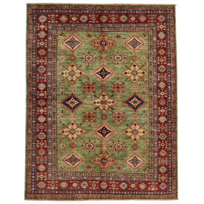 5x6 Green and Red Kazak Tribal Rug