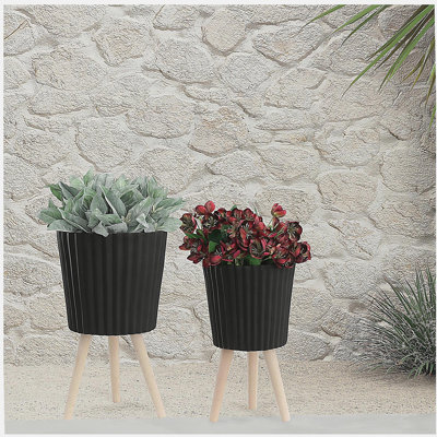 S / 2 DÉCORSEUR RIDGED 10/12 "AVEC PIEDS EN BOIS, NOIR (KD)